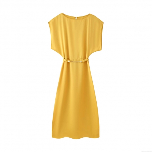 Elegant Sleeveless Satin Midi Dress for Women Round Neck A-Line Solid Color Polyester Spandex Dress with Belt for Autumn Casual Party Wedding Guest