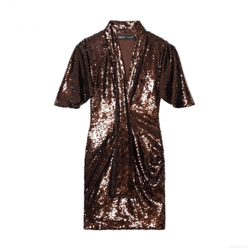 Women's Sexy Deep V Neck Sequin Mini Dress Short Sleeve Bodycon Evening Party Clubwear Elegant Banquet Dress Sparkling Glitter Sheath Short Gown For Women Burgundy Bronze