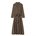 Women Plaid Shirt Dress V-Neck Long Sleeve Tie Waist Maxi Dress Vintage Gingham Pattern Polyester Woven Fabric Office Lady Casual Autumn Fashion