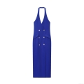Elegant Royal Blue Halter Neck Suit Dress Women Sexy Backless Double Breasted Gold Button Midi Crossover Party Dresses Slim Fit Clubwear Evening Dress