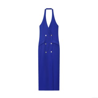 Elegant Royal Blue Halter Neck Suit Dress Women Sexy Backless Double Breasted Gold Button Midi Crossover Party Dresses Slim Fit Clubwear Evening Dress
