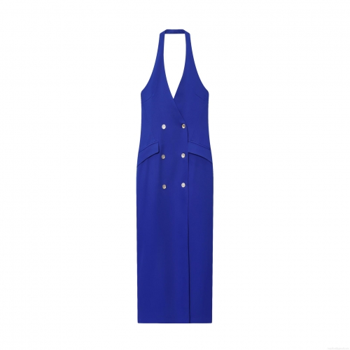 Elegant Royal Blue Halter Neck Suit Dress Women Sexy Backless Double Breasted Gold Button Midi Crossover Party Dresses Slim Fit Clubwear Evening Dress