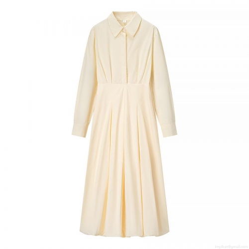 Women's Elegant Long Sleeve Solid Color Shirt Dress High Waist Pleated Maxi Dress 2025 Fall Fashion Commute Style A-Line Shirt Collar Dress for Ladies