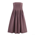 Sexy Strapless Gingham Poplin Midi Dress For Women Elegant Backless High Waist A-Line Plaid Summer Sun Dress Party Evening Clubwear Apparel
