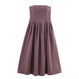Sexy Strapless Gingham Poplin Midi Dress For Women Elegant Backless High Waist A-Line Plaid Summer Sun Dress Party Evening Clubwear Apparel