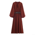 Women's Elegant Pleated Midi Dress Long Sleeve Bubble Sleeve Tie-Neck Ruffled Collar With Belt Solid Dark Red A-Line Dress For Commuting Dating
