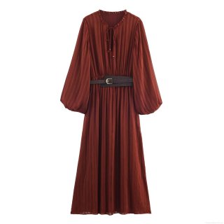 Women's Elegant Pleated Midi Dress Long Sleeve Bubble Sleeve Tie-Neck Ruffled Collar With Belt Solid Dark Red A-Line Dress For Commuting Dating