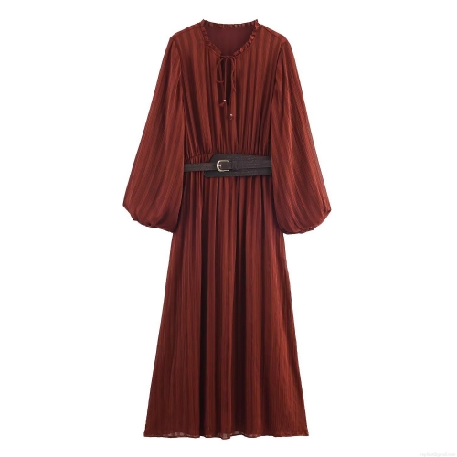 Women's Elegant Pleated Midi Dress Long Sleeve Bubble Sleeve Tie-Neck Ruffled Collar With Belt Solid Dark Red A-Line Dress For Commuting Dating