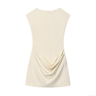 Women Sexy Cream Ruched Sleeveless Mini Dress Polyester Spandex Bodycon Cocktail Party Dress With Back Zipper Elegant Pleated Short Dress For Women Clubwear