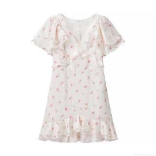 Women's V-Neck Floral Mini Dress Ruffle Flying Sleeve Satin Polyester A-Line Sweet Rose Print Short Dress For Summer Date Party Casual Dress