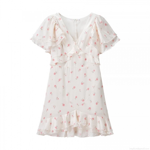 Women's V-Neck Floral Mini Dress Ruffle Flying Sleeve Satin Polyester A-Line Sweet Rose Print Short Dress For Summer Date Party Casual Dress