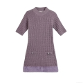Elegant Women's Purple Knitted Midi Dress With Faux Fur Trim Hem Puff Sleeve Round Neck Metal Buttons Patchwork Party Style Autumn Winter Clothing
