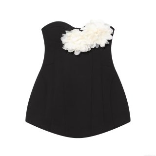 Elegant Women's Black Bandeau Mini Dress With 3D Contrast White Mesh Flowers Slim Fit Back Zipper Sexy Cocktail Party Wedding Evening Event Dress