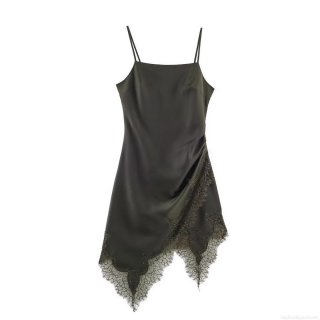 Women's Sexy Army Green Satin Cami Midi Dress With Lace Trim Asymmetrical Hem Elegant Slit Slip Dress For Party Date Night French Vintage Style