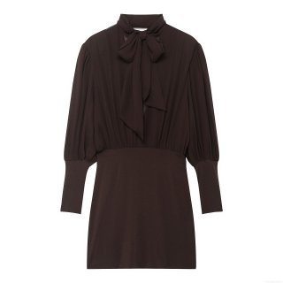 Women Elegant Solid Color Midi Dress 100% Polyester Tie Neck Bow Long Sleeve Pleated Patchwork Slim Fit Party Evening Wedding Cocktail Casual Dress