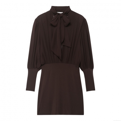 Women Elegant Solid Color Midi Dress 100% Polyester Tie Neck Bow Long Sleeve Pleated Patchwork Slim Fit Party Evening Wedding Cocktail Casual Dress