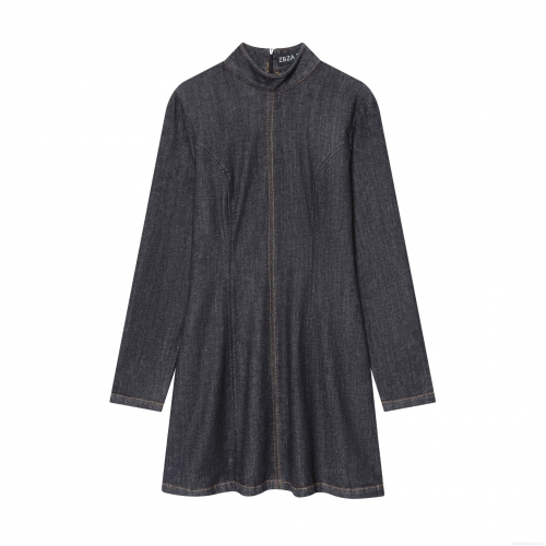 Women's Elegant Slim Fit Denim Mini Dress Polyester Blend Mock Neck Long Sleeve A-Line Dress With Back Zipper And Contrast Topstitching For Daily Party Club