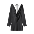 Elegant Cowl Neck Satin Mini Dress Sexy Deep V-Neck Backless Tie-Back Long Sleeve Party Evening Cocktail Dress for Women Solid Black Silk Texture Short Dress