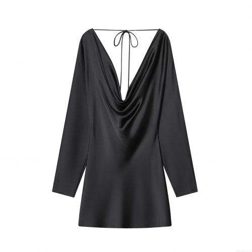 Elegant Cowl Neck Satin Mini Dress Sexy Deep V-Neck Backless Tie-Back Long Sleeve Party Evening Cocktail Dress for Women Solid Black Silk Texture Short Dress