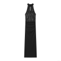 Women Elegant Halter Neck Lace Patchwork Maxi Dress Sexy Sleeveless Backless Bodycon Evening Party Dress For Women Formal Long Gown