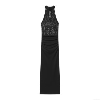 Women Elegant Halter Neck Lace Patchwork Maxi Dress Sexy Sleeveless Backless Bodycon Evening Party Dress For Women Formal Long Gown