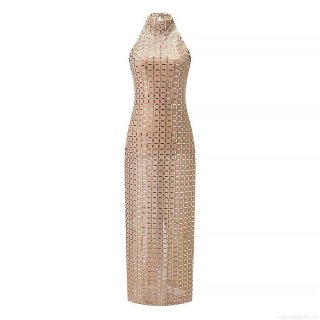 Women Sexy Halter Neck Rhinestone Mesh Maxi Dress Backless Split Champagne Gold Evening Party Bodycon Club Dress For Wedding Banquet