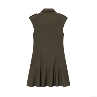 Women Sleeveless Double Breasted Mini Dress Notched Lapel Shoulder Pads Pleated Hem Olive Green Polyester Casual Commuter Elegant Short Blazer Dress