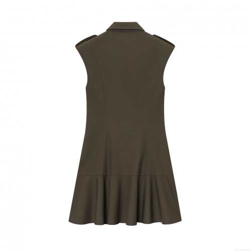 Women Sleeveless Double Breasted Mini Dress Notched Lapel Shoulder Pads Pleated Hem Olive Green Polyester Casual Commuter Elegant Short Blazer Dress