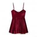 Women Sexy Wine Red Velvet Cami Mini Dress With White Lace Trim And Mesh Hem Patchwork Slim Fit Sleeveless Bodycon Party Evening Dress
