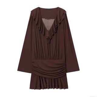 Women's Elegant Coffee V Neck Long Sleeve Tiered Ruffle Midi Dress Slim Fit Ruched Chiffon Pullover A-Line Dress For Commute Party Office