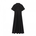 Women's Elegant Black Short Sleeve Midi Dress Minimalist Cotton Blend Lapel Button Down A-Line Swing Dress For Casual Work Daily Dating Office Wear
