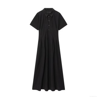 Women's Elegant Black Short Sleeve Midi Dress Minimalist Cotton Blend Lapel Button Down A-Line Swing Dress For Casual Work Daily Dating Office Wear