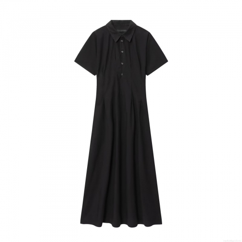 Women's Elegant Black Short Sleeve Midi Dress Minimalist Cotton Blend Lapel Button Down A-Line Swing Dress For Casual Work Daily Dating Office Wear