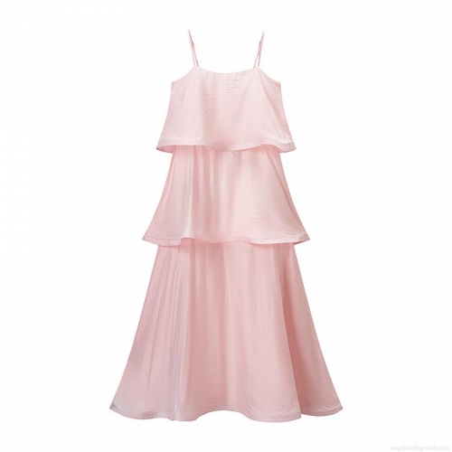 Sexy Pink Tiered Ruffle Cami Dress Women's Elegant Adjustable Thin Strap Multi-Layer Cake Midi Dress For Summer Party Club Nightwear