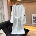 Women White Long Sleeve Midi Shirt Dress Cotton Spandex Blend Minimalist Round Neck Tie Waist A-Line Casual Solid Dress With Black Buttons And Pockets