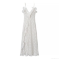 Women Sexy Lace Slip Maxi Dress V Neck Backless Ruffle Slit Slim Fit Polyester Spandex White Long Dress For Party Evening Wedding Date Night