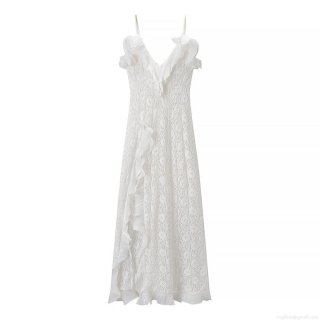 Women Sexy Lace Slip Maxi Dress V Neck Backless Ruffle Slit Slim Fit Polyester Spandex White Long Dress For Party Evening Wedding Date Night