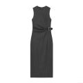 Women's Elegant Grey Stripe Sleeveless Midi Dress Bodycon Round Neck Business Office Dress with Buckle Belt Metal Ring Decoration