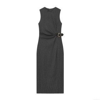 Women's Elegant Grey Stripe Sleeveless Midi Dress Bodycon Round Neck Business Office Dress with Buckle Belt Metal Ring Decoration
