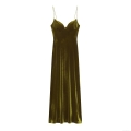 Elegant Women Olive Green Velvet Maxi Dress Deep V-Neck Spaghetti Strap Slim Fit Evening Party Long Dress For Banquet