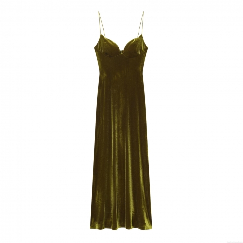 Elegant Women Olive Green Velvet Maxi Dress Deep V-Neck Spaghetti Strap Slim Fit Evening Party Long Dress For Banquet