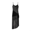 Women's Elegant Black Cowl Neck Fringe Cami Dress Satin Velvet Patchwork Mini Dress With Adjustable Straps For Party Evening Cocktail Club Night Out