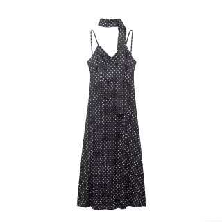 Women Sexy Polka Dot Maxi Dress With Matching Scarf Sleeveless Spaghetti Strap V-Neck Backless Slim Fit Polyester Long Dress For Summer Party Dating Clubwear