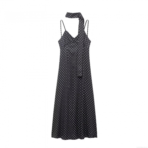 Women Sexy Polka Dot Maxi Dress With Matching Scarf Sleeveless Spaghetti Strap V-Neck Backless Slim Fit Polyester Long Dress For Summer Party Dating Clubwear