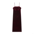 Elegant Women Burgundy Velvet Midi Dress With Faux Fur Trim And Rhinestones Spaghetti Strap V-Neck Sexy Slim Fit Party Evening Nightclub Prom Gown