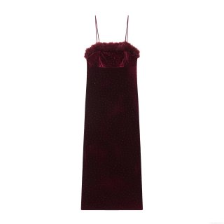 Elegant Women Burgundy Velvet Midi Dress With Faux Fur Trim And Rhinestones Spaghetti Strap V-Neck Sexy Slim Fit Party Evening Nightclub Prom Gown