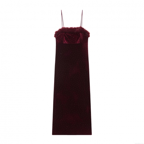 Elegant Women Burgundy Velvet Midi Dress With Faux Fur Trim And Rhinestones Spaghetti Strap V-Neck Sexy Slim Fit Party Evening Nightclub Prom Gown