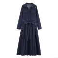 Women's Autumn Deep Blue Denim Shirt Dress With Waist Belt Elegant Long Sleeve Midi A-Line Dress Contrast Stitching Workwear Style Button Down Casual One-Piece Dress For Ladies