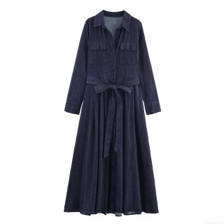 Women's Autumn Deep Blue Denim Shirt Dress With Waist Belt Elegant Long Sleeve Midi A-Line Dress Contrast Stitching Workwear Style Button Down Casual One-Piece Dress For Ladies