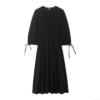 Women French Elegant Black Midi Dress 100% Polyester Long Sleeve Bow Tie Cuff Elastic Waist Pleated A-Line Party Casual Fashion Clothing